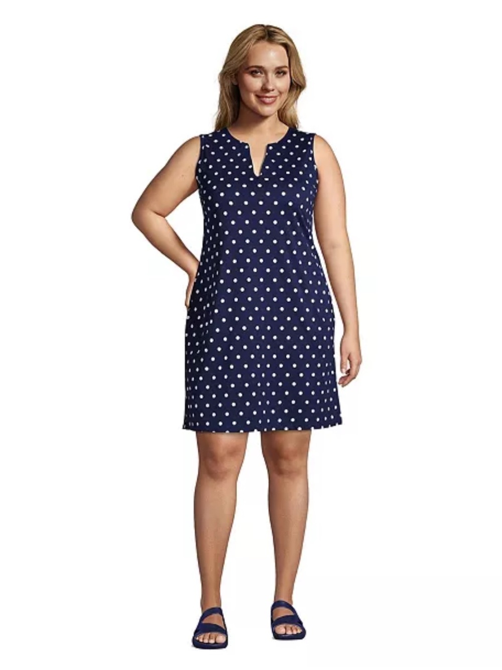 Lands' End Women's Navy White Polka Dot Sleeveless Swim Coverup Dress Jersey 1X